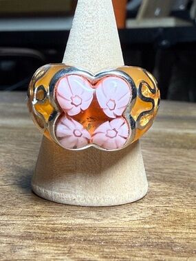 Alan K Pink Floral Glass Ring with Amber Enamel Sterling Silver ring